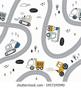 Hand drawn cute cars - Truck, tractor, cargo crane, bulldozer, excavator. Boho Seamless vector pattern with cute cars for fabric, textile and wallpaper design. Vector cars in scandinavian style