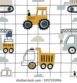 Hand drawn cute cars - Truck, tractor, cargo crane, bulldozer, excavator. Boho Seamless vector pattern with cute cars for fabric, textile and wallpaper design. Vector cars in scandinavian style