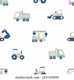 Hand drawn cute cars - Truck, tractor, cargo crane, bulldozer, excavator. Boho Seamless vector pattern with cute cars for fabric, textile and wallpaper design. Vector cars in scandinavian style