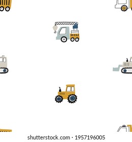 Hand drawn cute cars - Truck, tractor, cargo crane, bulldozer, excavator. Boho Seamless vector pattern with cute cars for fabric, textile and wallpaper design. Vector cars in scandinavian style