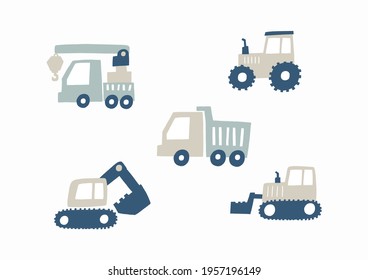 Hand drawn cute cars - Truck, tractor, cargo crane, bulldozer, excavator. Vector set with cute cars for fabric, textile and wallpaper design. Vector cars in scandinavian style