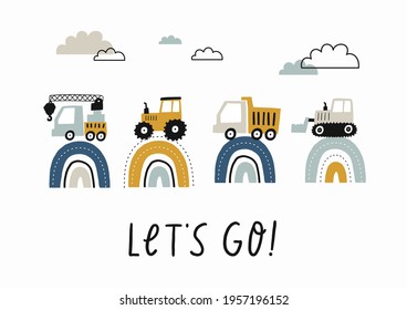 Hand drawn cute cars - Truck, tractor, cargo crane, bulldozer, excavator. Vector set with cute cars for fabric, textile and wallpaper design. Vector cars in scandinavian style