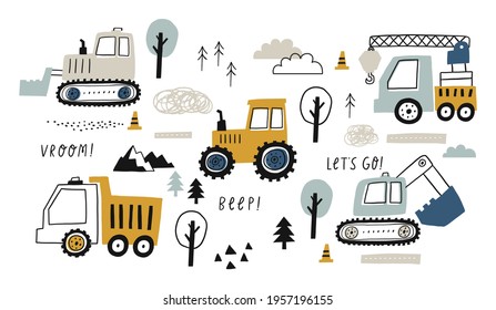 Hand drawn cute cars - Truck, tractor, cargo crane, bulldozer, excavator. Vector set with cute cars for fabric, textile and wallpaper design. Vector cars in scandinavian style