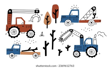 Hand drawn cute cars - Truck, tractor, excavator in cartoon style. Vector set with cute cars for fabric, textile, postcard, apparel or kids room design . Vector cars in scandinavian style.