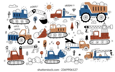 Hand drawn cute cars - Truck, tractor, cargo crane, bulldozer, excavator, semi in cartoon style. Big set with kids cars for fabric, textile, postcard, apparel or kids room design . Scandinavian style.