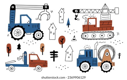 Hand drawn cute cars - Truck,  cargo crane and claw tractor in cartoon style. Vector set with cute cars for fabric, textile, postcard, apparel or kids room design . Vector cars in Scandinavian style.