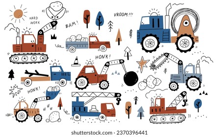 Hand drawn cute cars - Truck, tractor, cargo crane, bulldozer, excavator in cartoon style. Big set with kids cars for fabric, textile, postcard, apparel or kids room design . Scandinavian style.