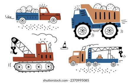 Hand drawn cute cars - Truck, tractor, cargo crane,  in cartoon style. Vector set with cute cars for fabric, textile, postcard, apparel or kids room design. Vector cars in Scandinavian style. EPS 10