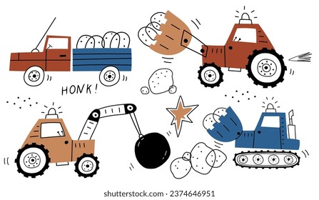 Hand drawn cute cars Truck, tractor, bulldozer, excavator in cartoon style. Vector set with cute cars for fabric, textile, postcard, apparel or kids room design . Vector cars in Scandinavian style. 