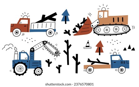 Hand drawn cute cars Truck, saw tractor, bulldozer, excavator in cartoon style. Vector set with cute cars for fabric, textile, postcard, apparel or kids room design . Vector cars in Scandinavian style