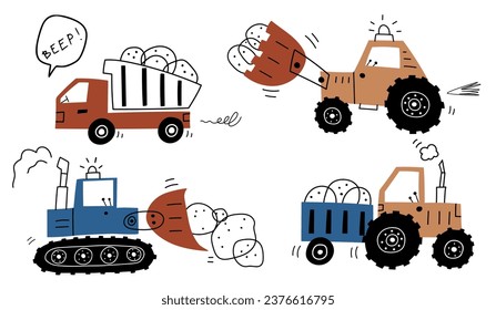 Hand drawn cute cars Truck, tractor, bulldozer, excavator in cartoon style. Vector set with cute cars for fabric, textile, postcard, apparel or kids room design . Vector cars in Scandinavian style. 