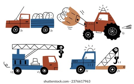 Hand drawn cute cars Truck, tractor, cargo crane, excavator in cartoon style. Vector set with cute cars for fabric, textile, postcard, apparel or kids room design . Vector cars in Scandinavian style. 