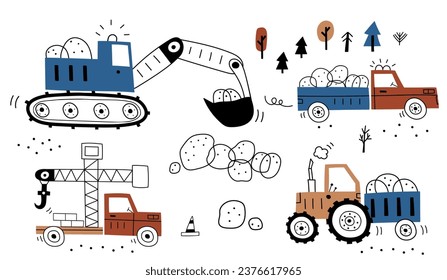 Hand drawn cute cars Truck, tractor, bulldozer, excavator, cargo crane in cartoon style. Vector set with cute cars for textile, postcard, apparel or kids room design. Vector in Scandinavian style. 