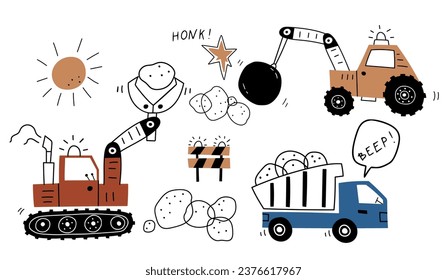 Hand drawn cute cars Truck, wrecking ball crane, claw tractor in cartoon style. Vector set with cute cars for fabric, textile, postcard, apparel or kids room design . Vector cars in Scandinavian style