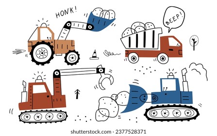 Hand drawn cute cars Truck, tractor, bulldozer, excavator in cartoon style. Vector set with cute cars for fabric, textile, postcard, apparel or kids room design . Vector cars in Scandinavian style. 