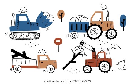 Hand drawn cute cars Truck, tractor, bulldozer, excavator in cartoon style. Vector set with cute cars for fabric, textile, postcard, apparel or kids room design . Vector cars in Scandinavian style. 