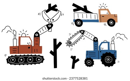 Hand drawn cute cars Truck, claw tractor, caw tractor, tree feller in cartoon style. Vector set with cute cars for fabric, postcard, apparel or kids room design. Vector cars in Scandinavian style. 