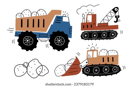 Hand drawn cute cars Truck, crane, bulldozer, excavator in cartoon style. Vector set with cute cars for fabric, textile, postcard, apparel or kids room design. Vector cars in Scandinavian style. 