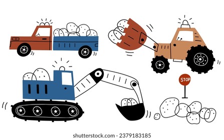 Hand drawn cute cars Truck, tractor, bulldozer, excavator in cartoon style. Vector set with cute cars for fabric, textile, postcard, apparel or kids room design . Vector cars in Scandinavian style. 