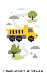 Hand drawn cute cars - Truck, tractor, cargo crane in road Little Driver. Vector cute cars for posters, fabric, textile and wallpaper design. Cars in scandinavian style.