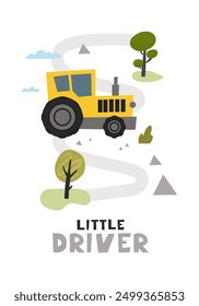 Hand drawn cute cars - Truck, tractor, cargo crane in road Little Driver. Vector cute cars for posters, fabric, textile and wallpaper design. Cars in scandinavian style.