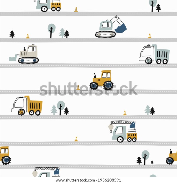 Hand drawn cute cars - Truck, tractor, cargo crane,\
bulldozer, excavator. Seamless vector pattern with cute cars for\
fabric, textile and wallpaper design. Vector cars in scandinavian\
style