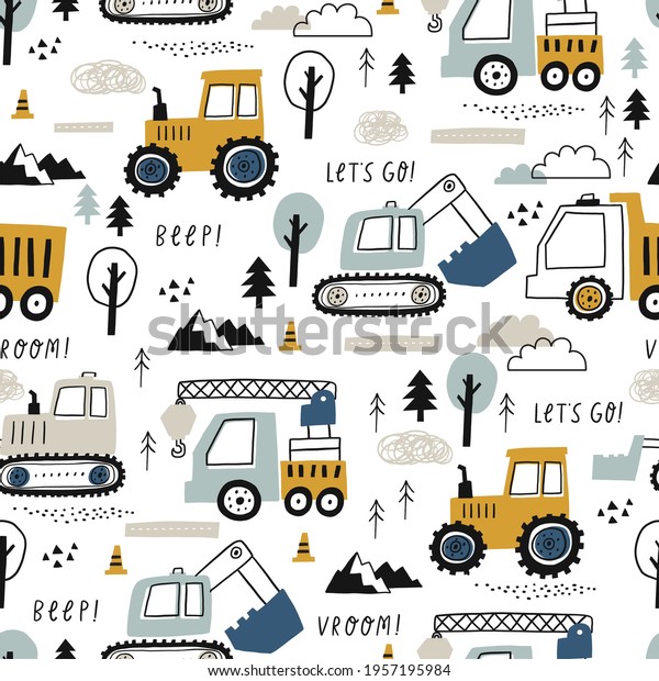 Hand drawn cute cars - Truck, tractor, cargo crane,\
bulldozer, excavator. Boho Seamless vector pattern with cute cars\
for fabric, textile and wallpaper design. Vector cars in\
scandinavian style