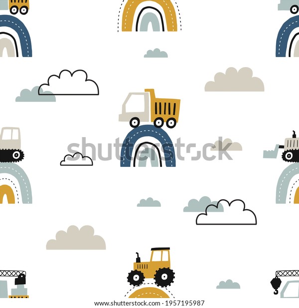 Hand drawn cute cars - Truck, tractor, cargo crane,\
bulldozer, excavator. Boho Seamless vector pattern with cute cars\
for fabric, textile and wallpaper design. Vector cars in\
scandinavian style