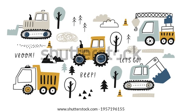 Hand
drawn cute cars - Truck, tractor, cargo crane, bulldozer,
excavator. Vector set with cute cars for fabric, textile and
wallpaper design. Vector cars in scandinavian
style