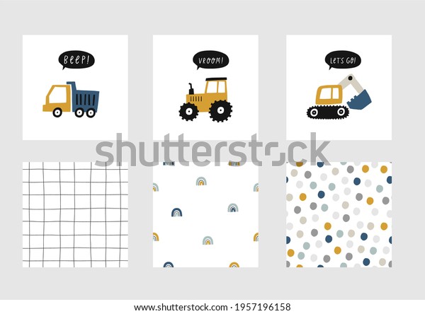 Hand\
drawn cute cars - Truck, tractor, cargo crane, bulldozer,\
excavator. Vector set with cute cars for fabric, textile and\
wallpaper design. Vector cars in scandinavian\
style