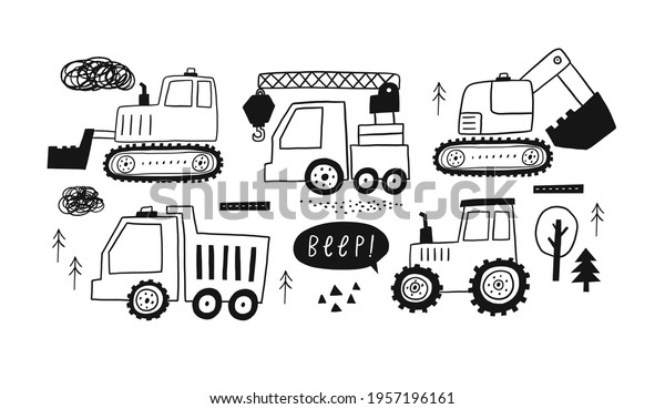 Hand\
drawn cute cars - Truck, tractor, cargo crane, bulldozer,\
excavator. Vector set with cute cars for fabric, textile and\
wallpaper design. Vector cars in scandinavian\
style