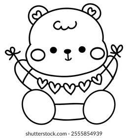 Hand drawn cute cartoon baby bear for valentines coloring page