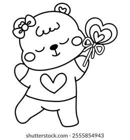 Hand drawn cute cartoon baby bear for valentines coloring page