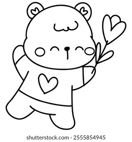 Hand drawn cute cartoon baby bear for valentines coloring page