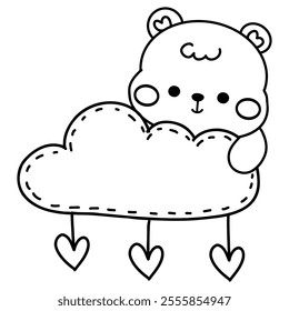 Hand drawn cute cartoon baby bear for valentines coloring page