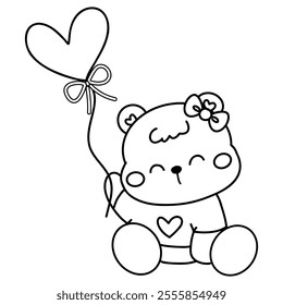 Hand drawn cute cartoon baby bear for valentines coloring page