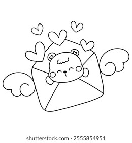 Hand drawn cute cartoon baby bear for valentines coloring page