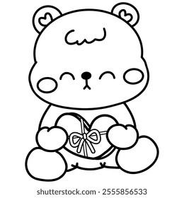 Hand drawn cute cartoon baby bear for valentines coloring page