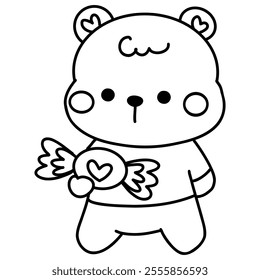 Hand drawn cute cartoon baby bear for valentines coloring page