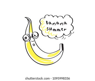 Hand drawn cute cartoon banana. Vector illustration