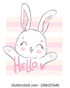 Hand drawn cute cartoon bunny. Print design for t-shirt. Vector illustration.