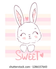 Hand drawn cute cartoon bunny. Print design for t-shirt. Vector illustration.