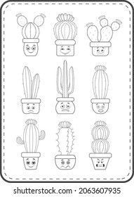 Hand drawn cute cartoon cactus with different emotions. kawaii cactus in a pot.  Doodles elements. Black and white. Coloring book page for adult. Sketchy style illustration.