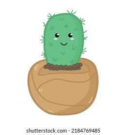 Hand drawn cute cartoon cactus with stines in round pot doodle style, vector illustration isolated on white background. Nature plant, decorative design element for print or web