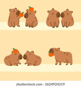 Hand drawn Cute Cartoon Capybara with Oranges set