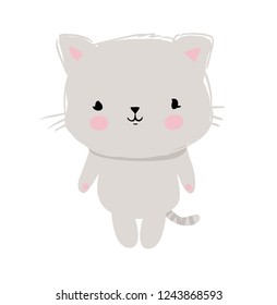 Hand Drawn cute cartoon cat with pink cheeks Isolated on white background. Vector illustration