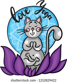 Hand drawn Cute cartoon cat in meditation sitting in lotus. With lettering Love Yoga. Vector illustration