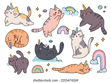 Doodle unicornio de gato de dibujos animados a mano