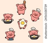 hand drawn cute cartoon character pig is cooking set vector illustration for elements, and clipart