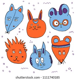 Hand drawn cute cartoon character. Vector illustration with the head of funny animals for baby textile, design posters, and surface design